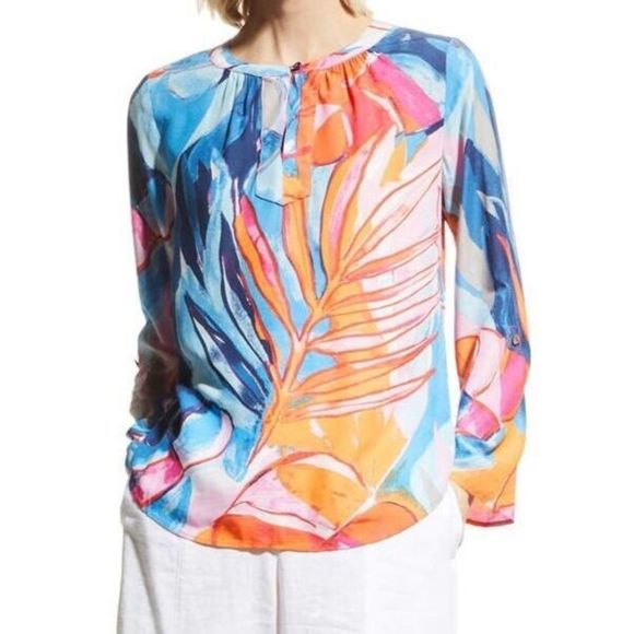Nic+Zoe Women's Sz Small Blue Multi Tropical Mirage Print Woven Blouse Top $148 - Picture 8 of 8